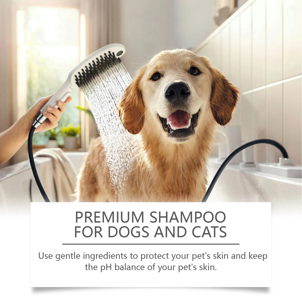 Natural Pet Shampoo for dogs and cats from Pet Essentials Hub, gentle grooming formula in a clear bottle with a pump dispenser.