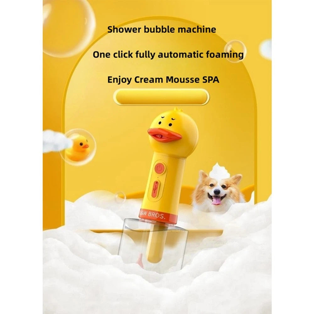 Yellow duck-shaped pet bathing foam machine from Pet Essentials Hub, USB electric soap dispenser for pet grooming.