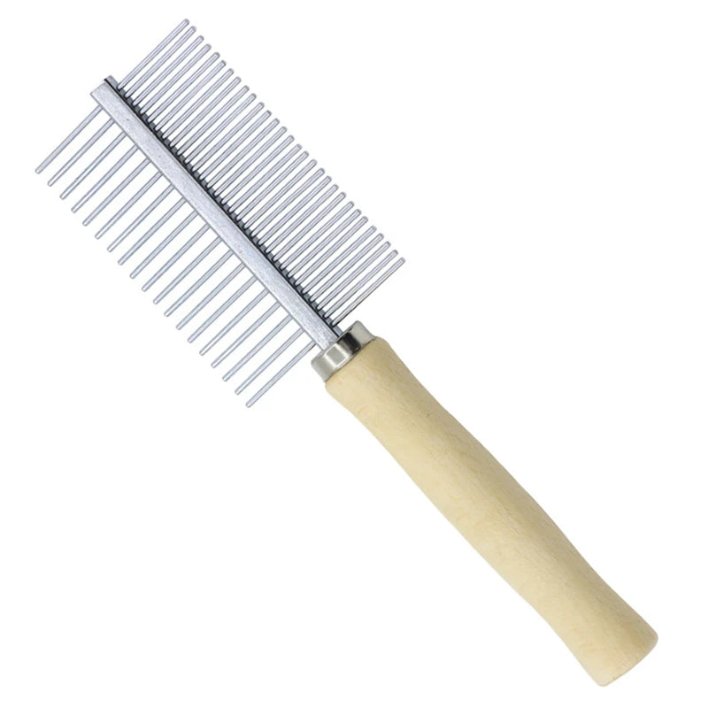 Dog grooming hair remover with wooden handle, cat comb for pet grooming by AllDay Goods, close-up of the wooden-handled grooming tool.
