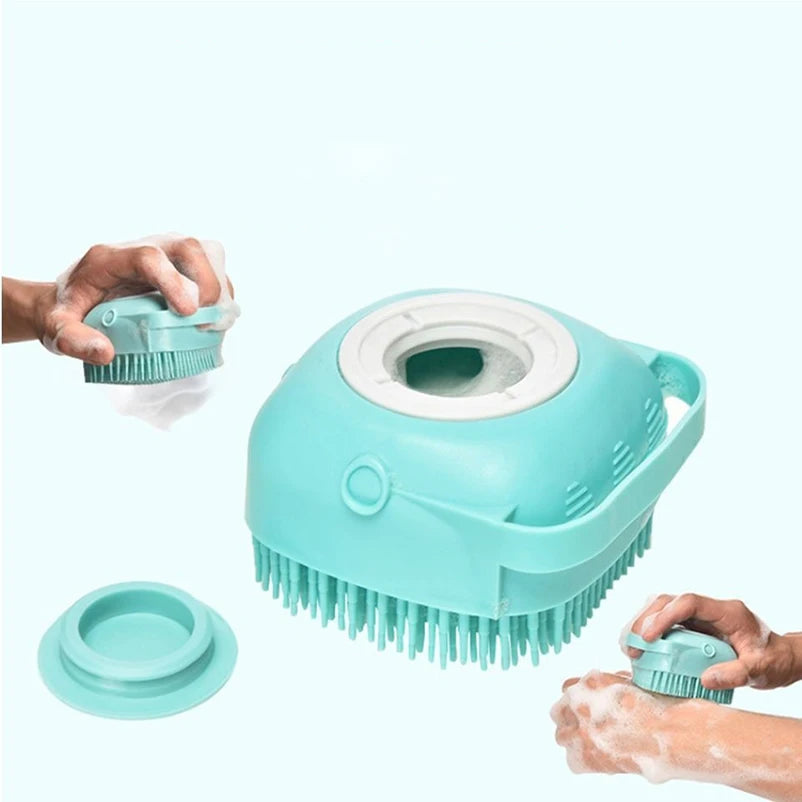 Silicone pet bath brush from Pet Essentials Hub with massage bristles and built-in shampoo dispenser for dogs and cats.