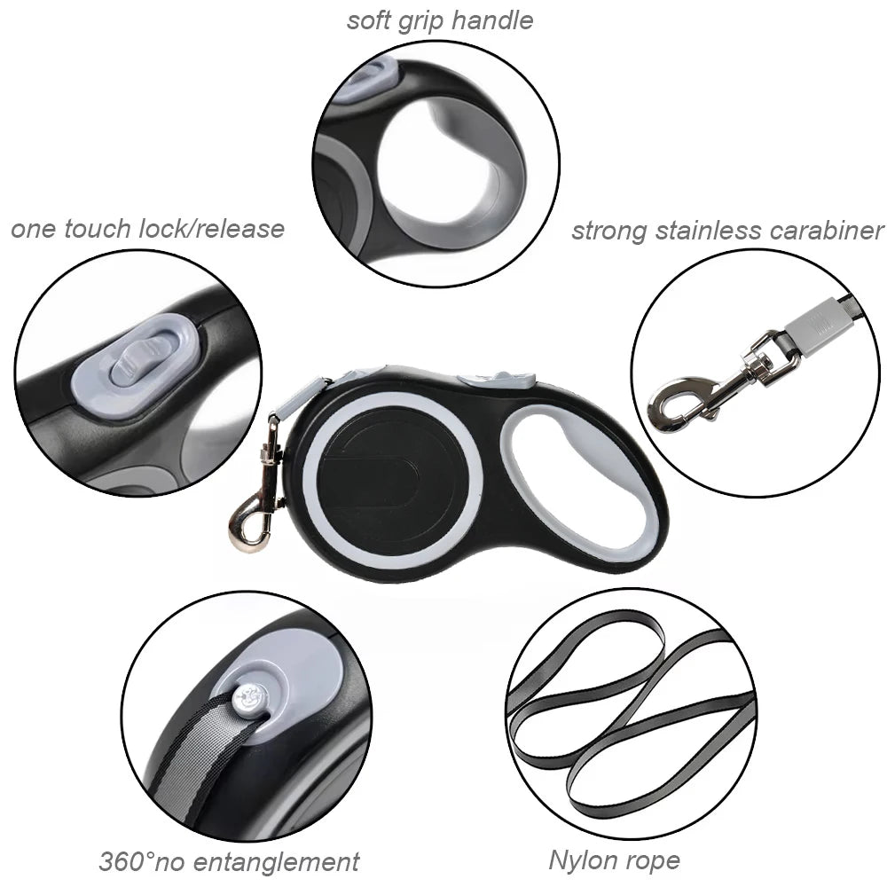 Heavy-duty retractable dog leash for large dogs, 5M or 8M length, with handle and durable cord from Pet Essentials Hub.