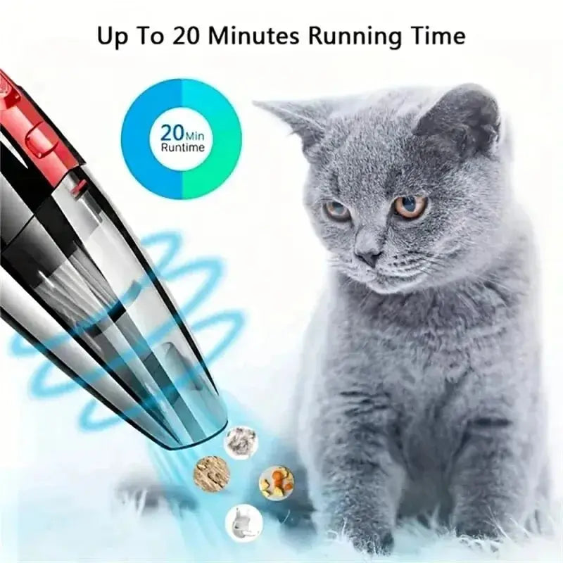Wireless handheld portable car vacuum cleaner for pet hair, compact pet accessory from Pet Essentials Hub with a sleek design.