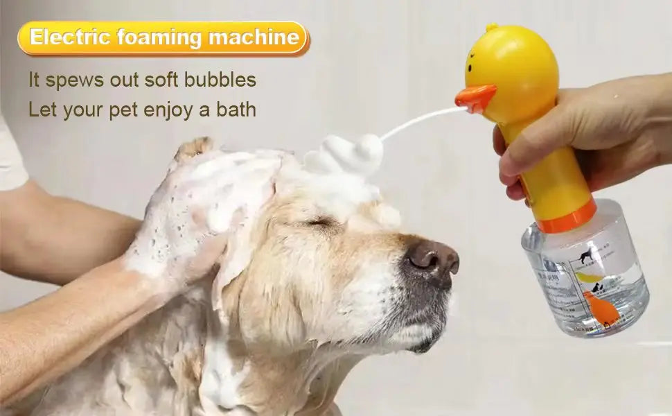 Yellow duck-shaped pet grooming foam machine by Pet Essentials Hub, USB electric soap dispenser for bathing pets.