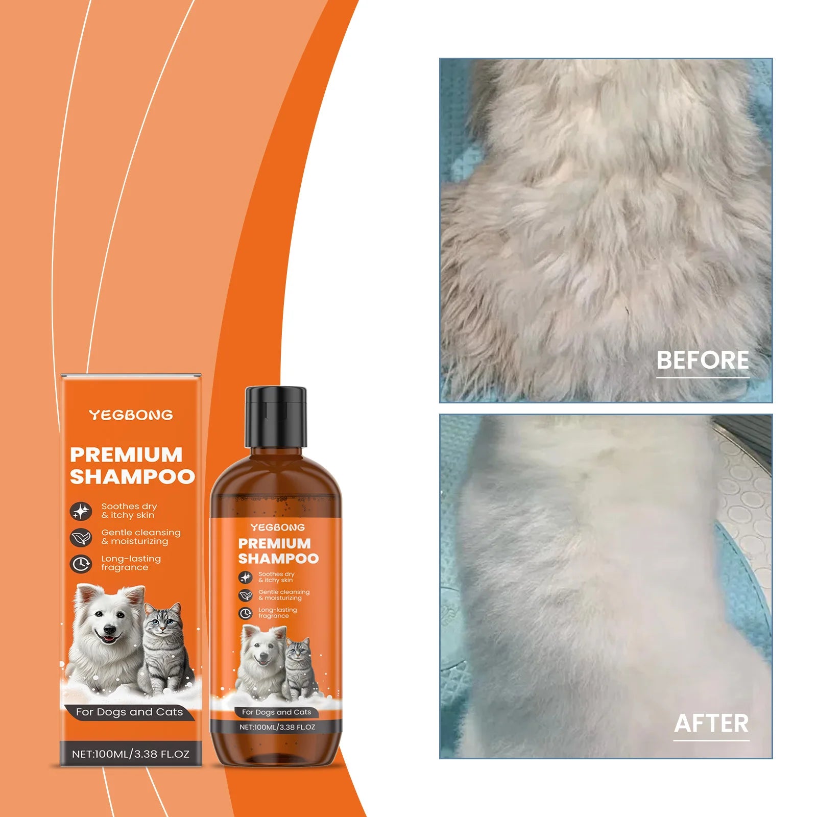 Natural Pet Shampoo for dogs and cats by Pet Essentials Hub, gentle grooming formula, with a clear bottle and pet bathing scene