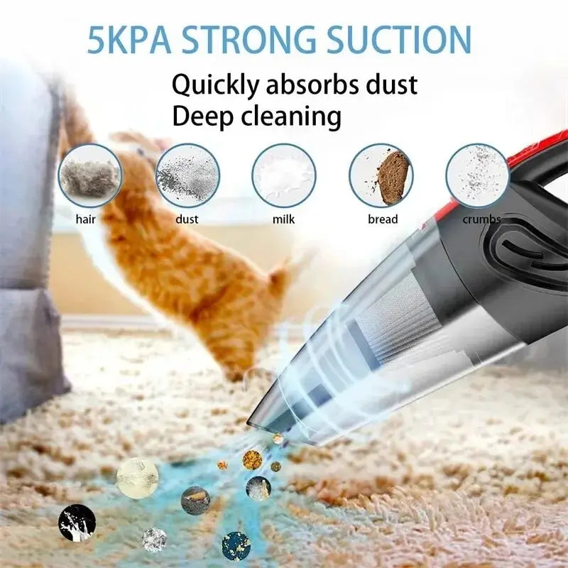 Wireless handheld portable car vacuum cleaner for pet hair from Pet Essentials Hub, shown in use inside a vehicle.