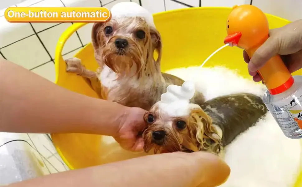 Yellow duck-shaped pet grooming foam machine from Pet Essentials Hub, USB electric soap dispenser for bathing pets.