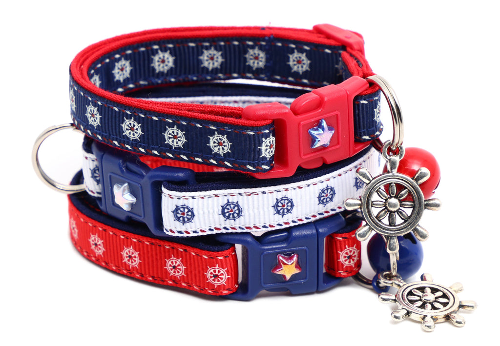 Nautical-themed Ships Wheels Breakaway Cat Collar by Pugs2Persians with a ship wheel design on a blue collar.