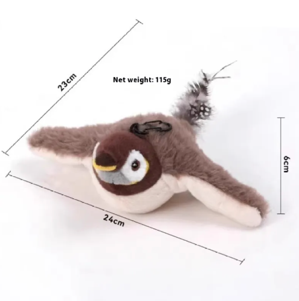 Soft plush bird-shaped pet toy for cats and small animals, featuring colorful fabric and a squeaker for interactive play.