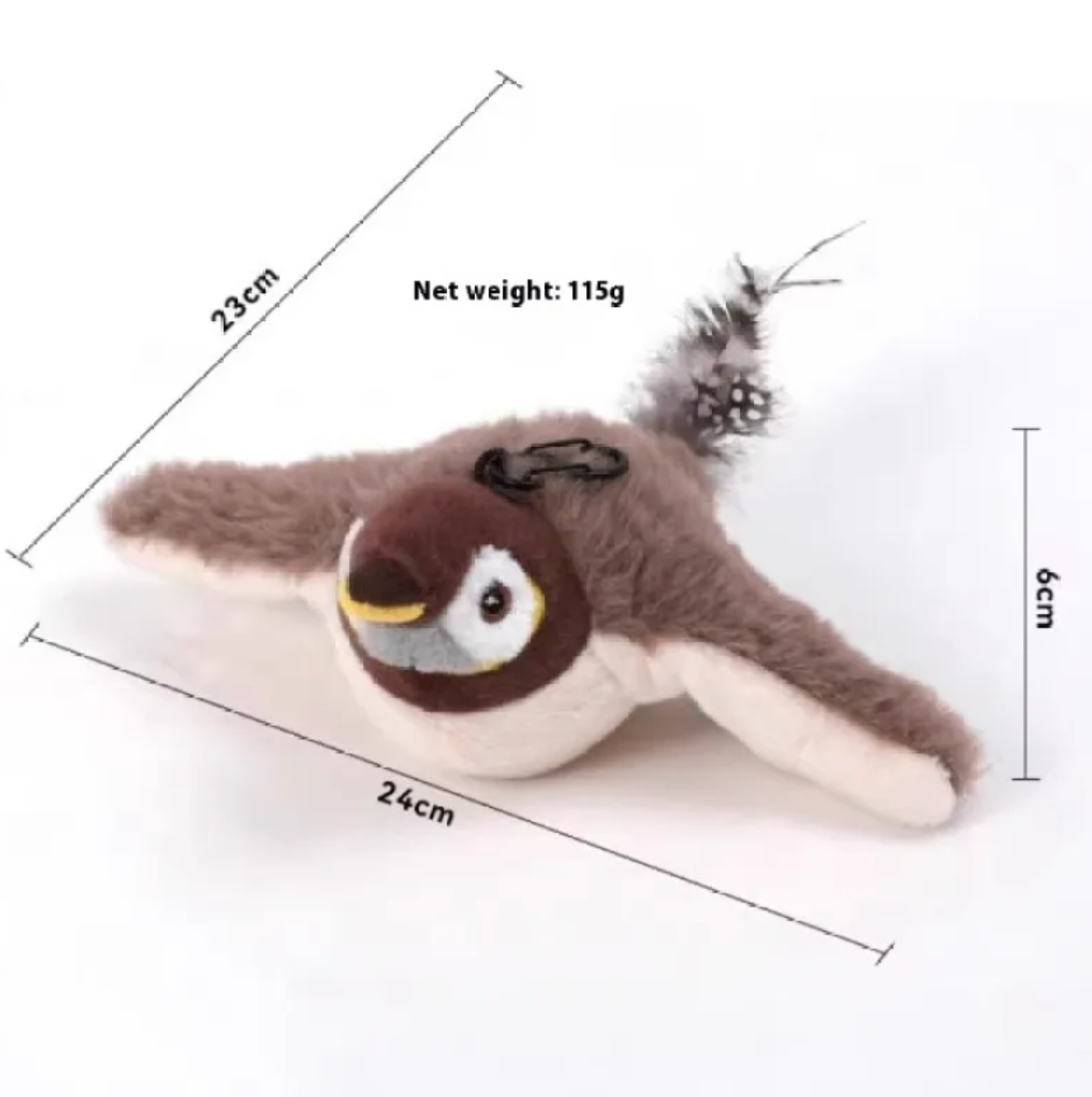 Soft plush bird-shaped pet toy for cats and small animals, featuring colorful fabric and a squeaker for interactive play.