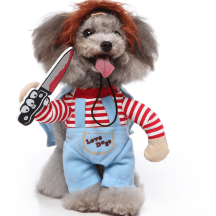 Funny cartoon dog cosplay costume by Dog Hugs Cat, featuring a festive Halloween and Christmas-themed outfit for pets.