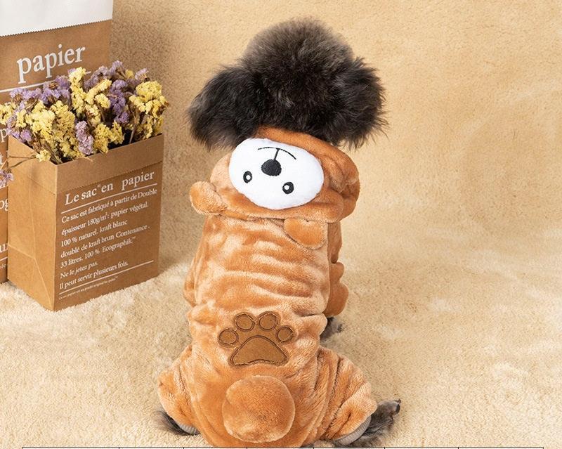 Cozy autumn winter dog costume by Dog Hugs Cat featuring a coral fleece dinosaur and lion pet outfit in cartoon style.