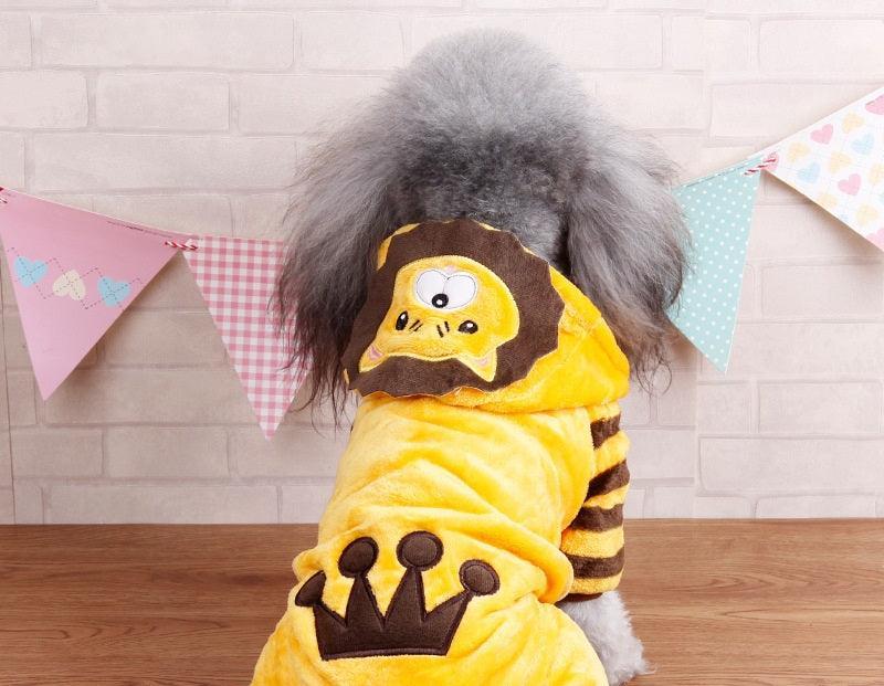 Autumn Winter Dog Costume by Dog Hugs Cat featuring cozy coral fleece in dinosaur and lion cartoon styles for pets.