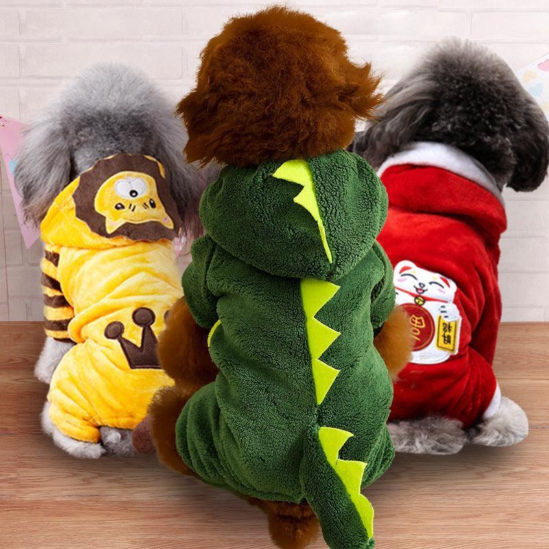 Cozy coral fleece dog costume featuring cartoon-style dinosaur and lion designs from Dog Hugs Cat for autumn and winter wear.