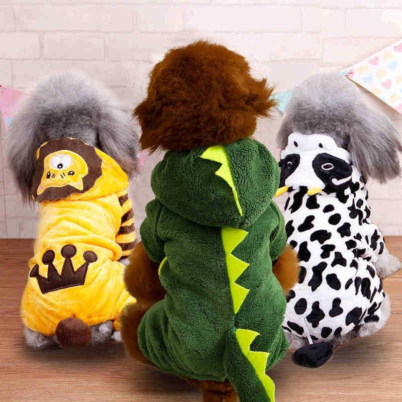 Cozy autumn winter dog costume by Dog Hugs Cat, featuring a coral fleece dinosaur and lion pet outfit for dogs.