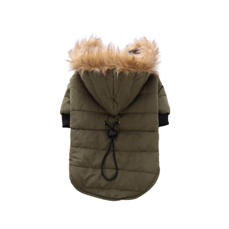 Dog Hugs Cat Cozypaws winter pet jacket on a dog, warm dog coat with a cozy, insulated design for winter outdoor walks.