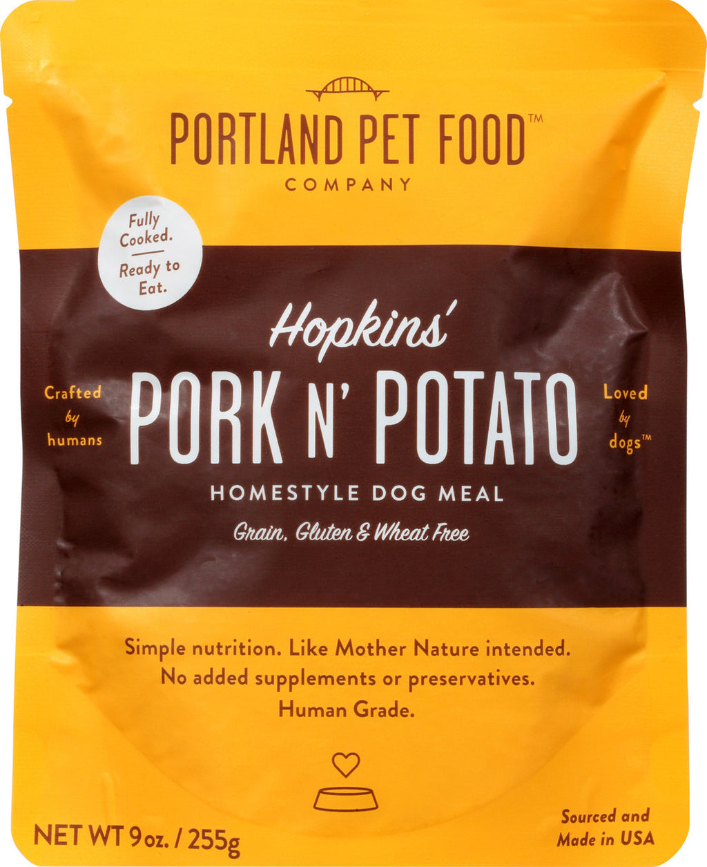 Pet Essentials Hub PRTPET Pork and Potato dog food packaging, 8 packs of 9oz premium dog meal for pets.