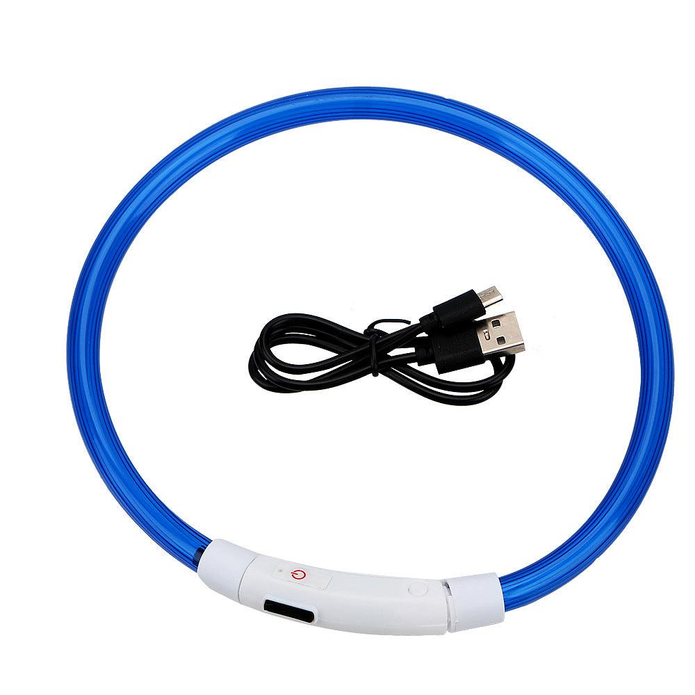 Dog Hugs Cat USB rechargeable glow-in-the-dark pet collar with adjustable strap and reflective features for visibility.