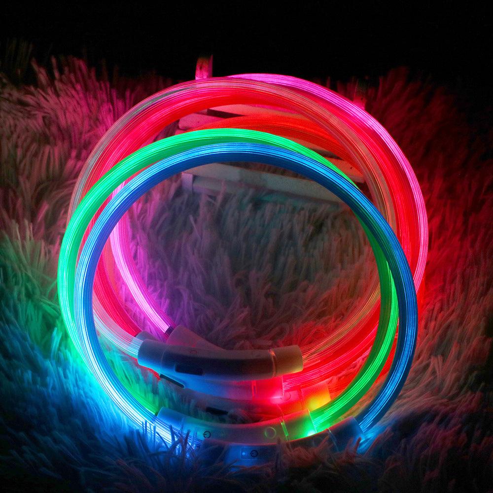Dog Hugs Cat USB rechargeable glow-in-the-dark pet collar with reflective material and adjustable strap for dogs or cats.