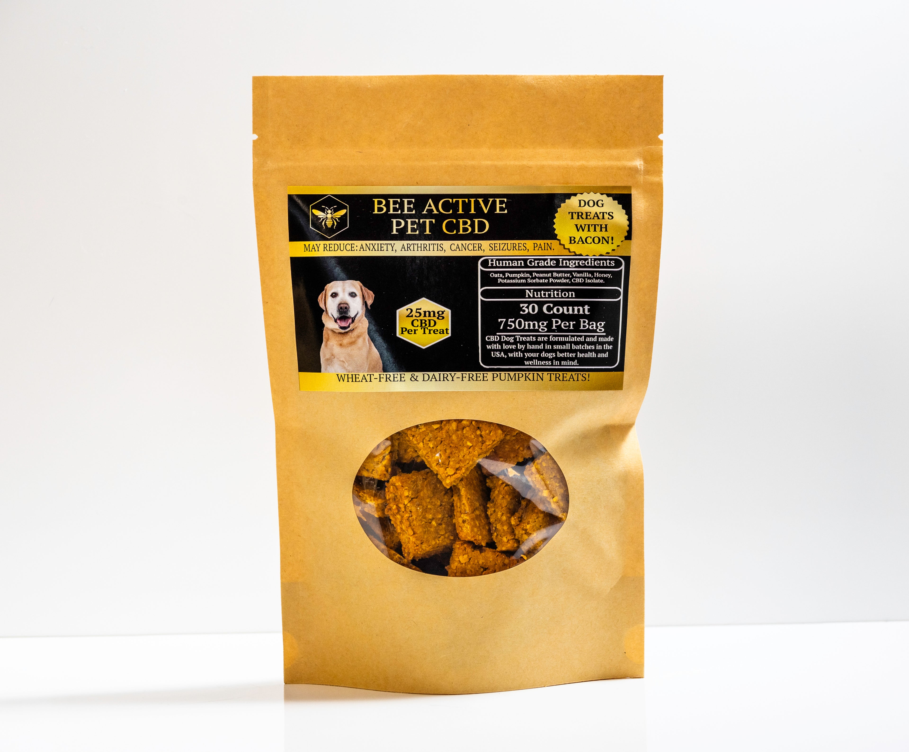 Bee Active CBD Bacon 25mg dog treats, premium calming chews for dogs, featuring bacon flavor and CBD for relaxation and stress relief.